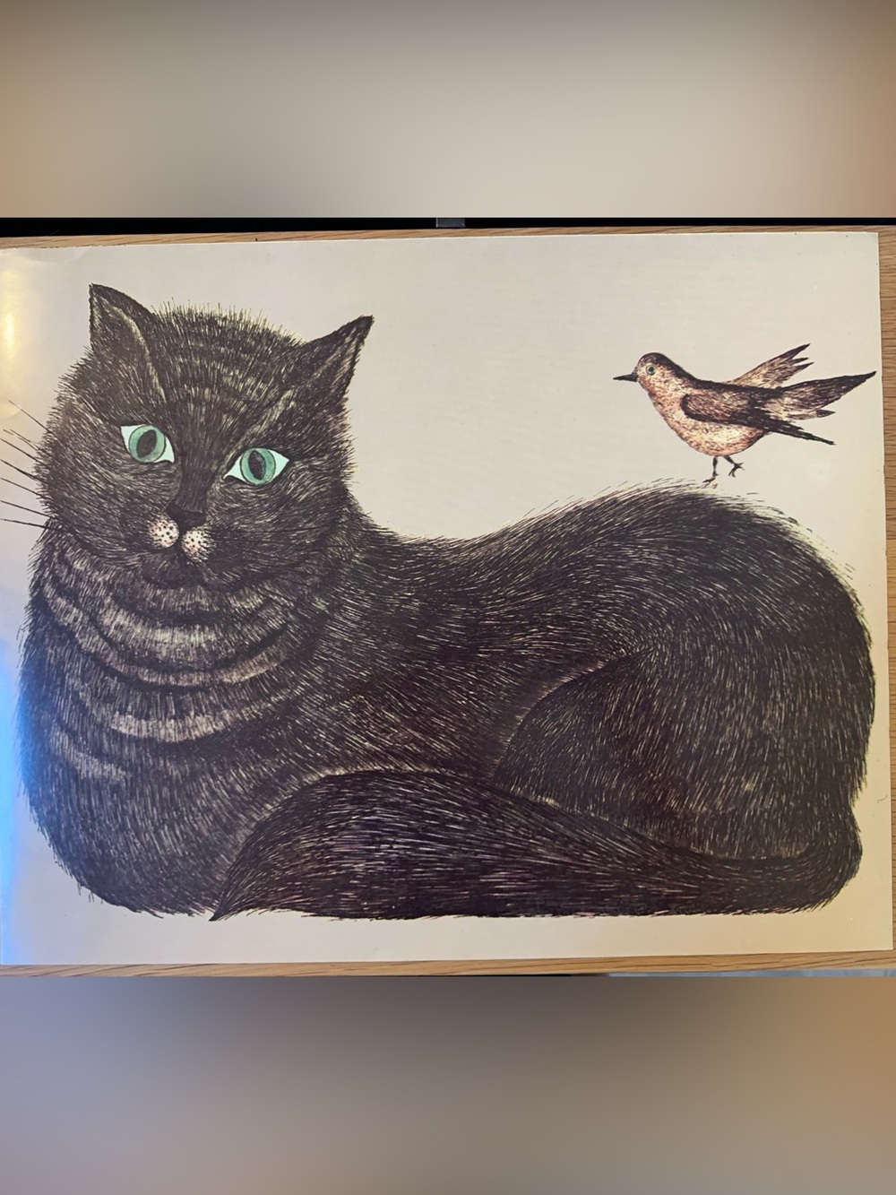 Vintage Black Cat & Bird Art Print Poster Mid Century Style 13x18